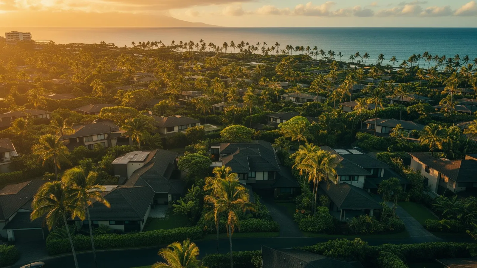 Aerial view of a Honolulu neighborhood at golden hour with palm trees and the ocean in the distance.