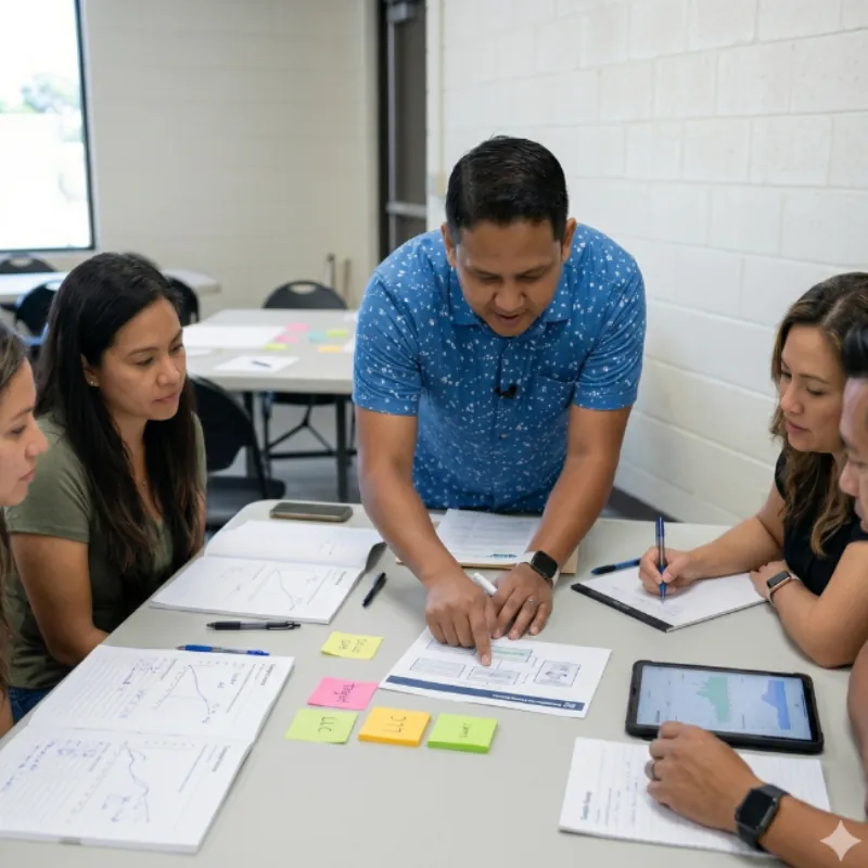Speaker helping entrepreneurs strategize at a table