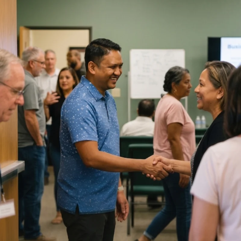 Speaker welcoming an attendee at a workshop