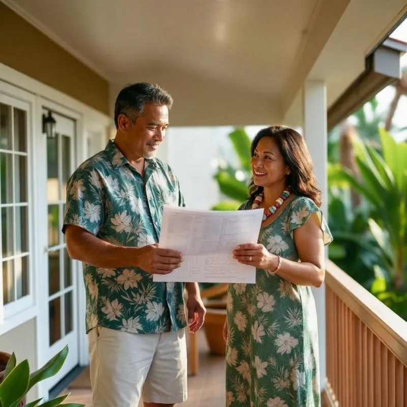 Middle-aged Hawaiian couple reviewing finances on their lanai