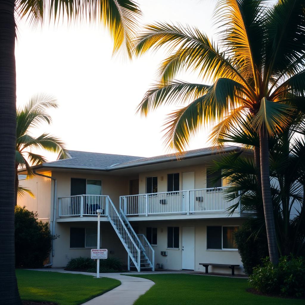 Low-rise multi-family apartment building in Honolulu surrounded by palm trees